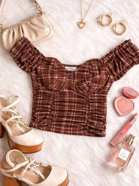 Just Polly Plaid Bustier Crop Top Brown Off Shoulder Ruched Y2K Small
